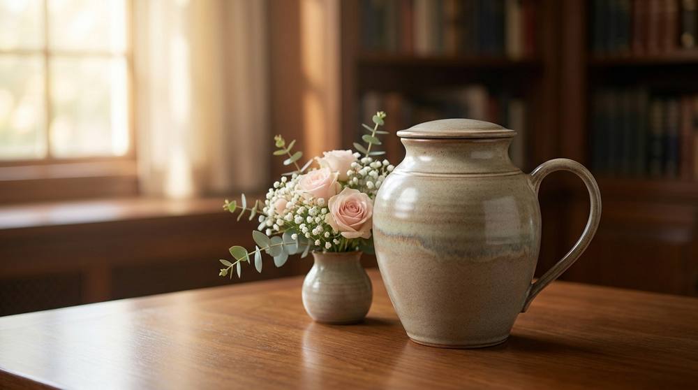 Ceramic cremation urn with flowers